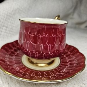 Royal Albert Crown Bone England China Teacup Saucer RED w/White Swirls Gold